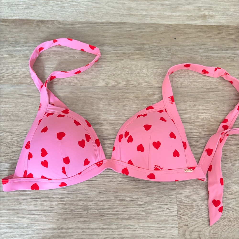 Pink Bikini Top with Red Heart Pattern